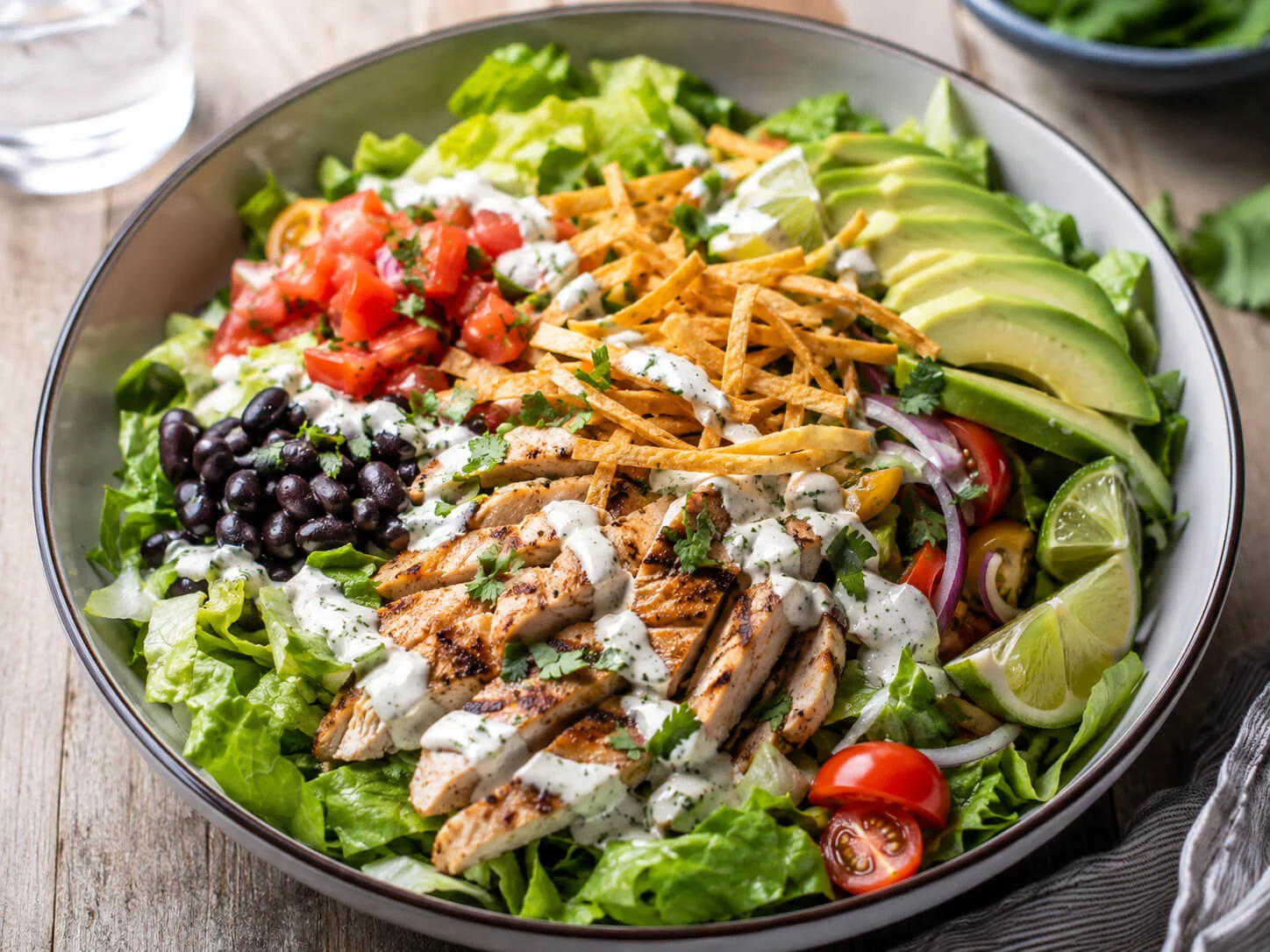 Healthy taco salad with grilled chicken, lettuce, black beans, avocado, salsa, cilantro, lime, and yogurt dressing