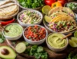 Healthy taco sauce and salsa spread with cilantro lime sauce, avocado sauce, fresh salsa, slaw, tortillas, tacos, lime, and cilantro
