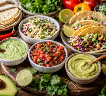 Healthy taco sauce and salsa spread with cilantro lime sauce, avocado sauce, fresh salsa, slaw, tortillas, tacos, lime, and cilantro