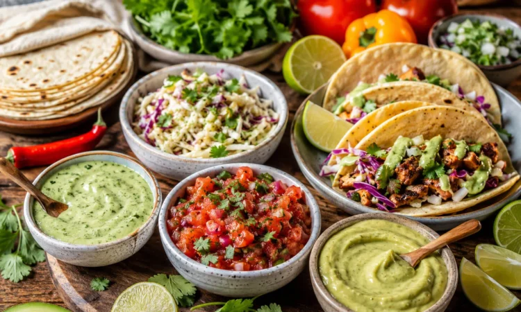 Healthy taco sauce and salsa spread with cilantro lime sauce, avocado sauce, fresh salsa, slaw, tortillas, tacos, lime, and cilantro