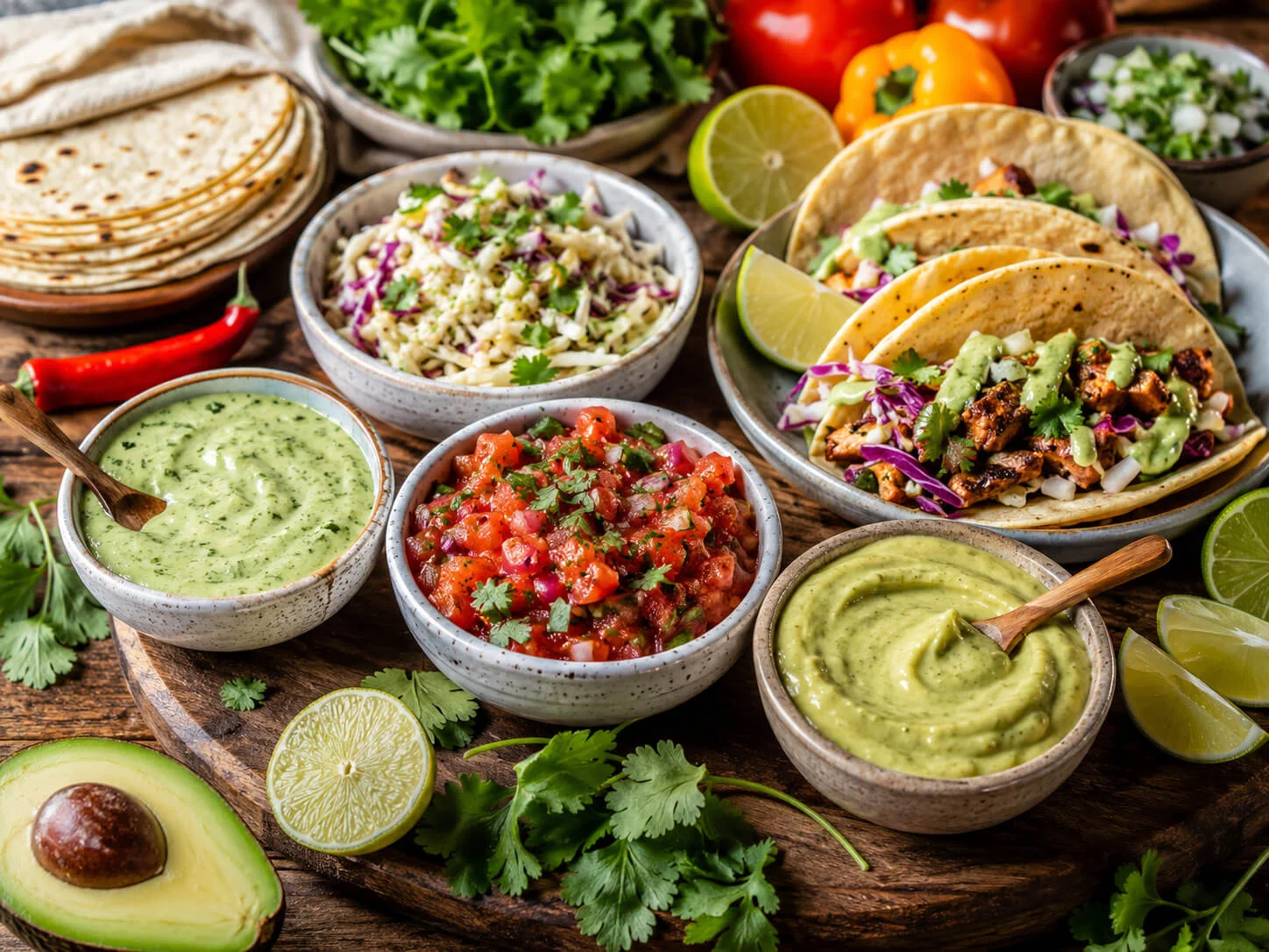 Healthy taco sauce and salsa spread with cilantro lime sauce, avocado sauce, fresh salsa, slaw, tortillas, tacos, lime, and cilantro