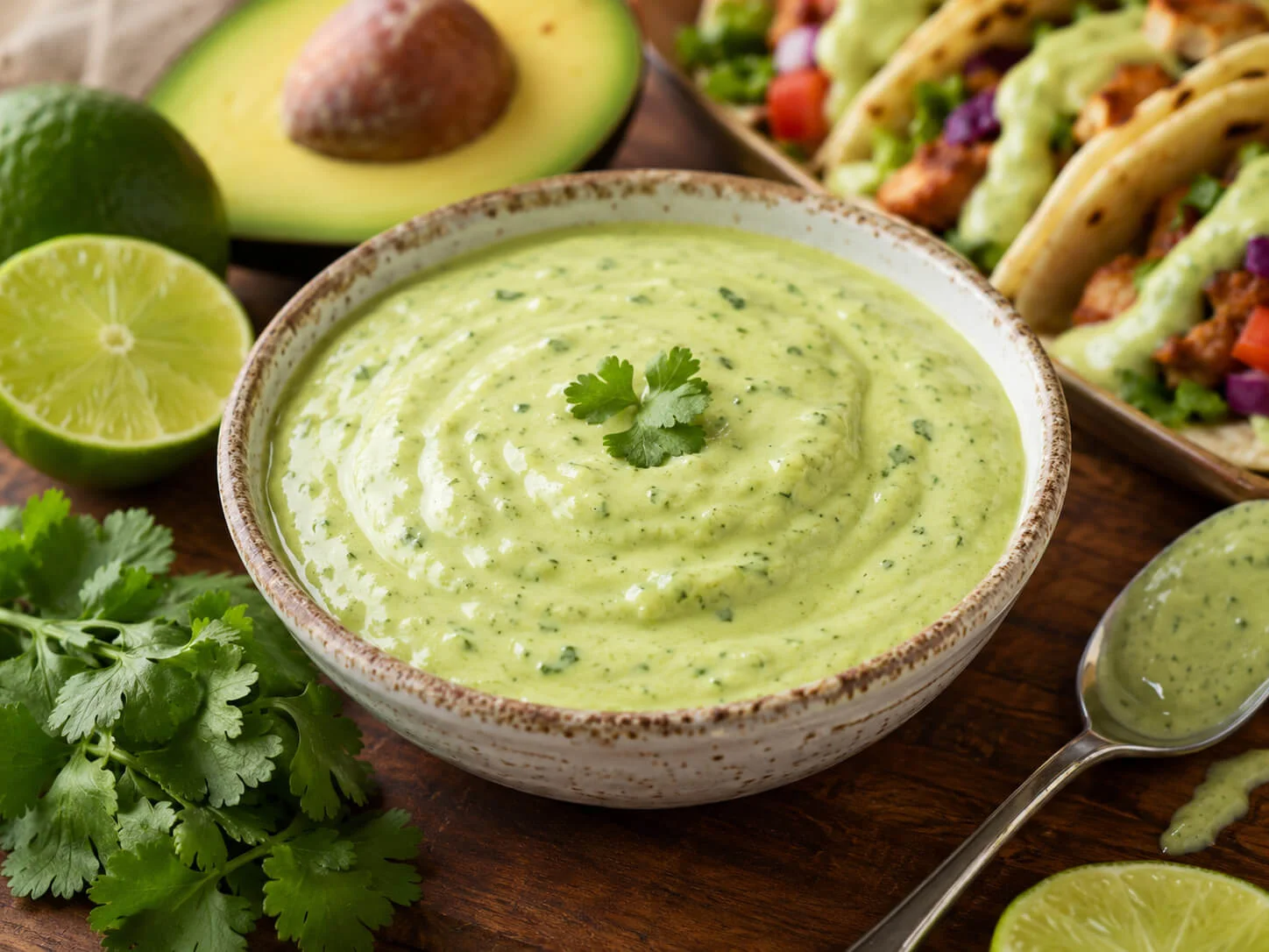 Healthy taco sauce with Greek yogurt, avocado, cilantro, lime, salsa, garlic, and taco spices