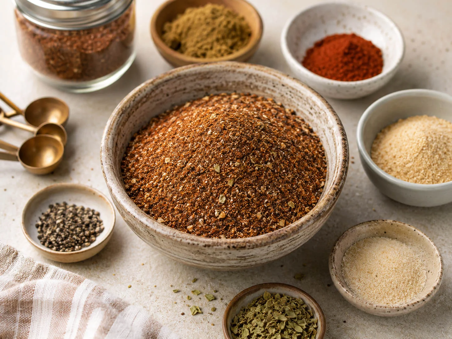 Healthy taco seasoning spice blend with chili powder, cumin, paprika, garlic powder, onion powder, oregano, and black pepper