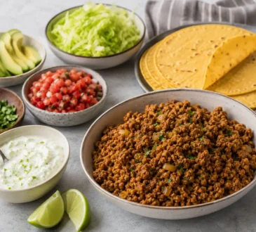 Healthy turkey taco night spread with ground turkey, tortillas, lettuce, salsa, avocado, cilantro, lime, and yogurt sauce