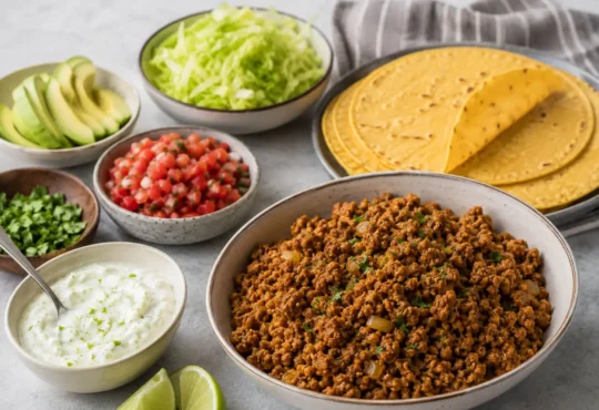 Healthy turkey taco night spread with ground turkey, tortillas, lettuce, salsa, avocado, cilantro, lime, and yogurt sauce