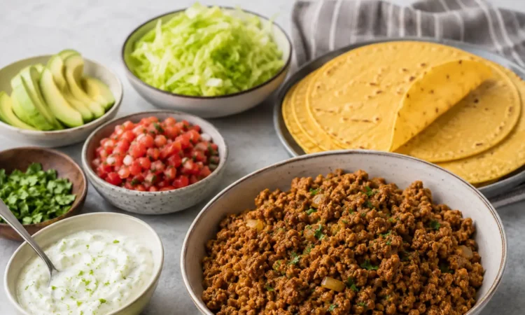 Healthy turkey taco night spread with ground turkey, tortillas, lettuce, salsa, avocado, cilantro, lime, and yogurt sauce