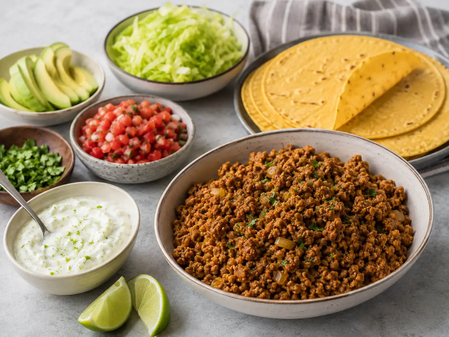 Healthy turkey taco night spread with ground turkey, tortillas, lettuce, salsa, avocado, cilantro, lime, and yogurt sauce