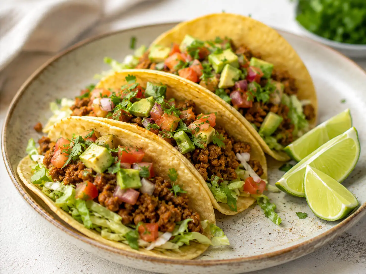 Healthy turkey tacos with lean ground turkey, avocado, salsa, lettuce, cilantro, and lime