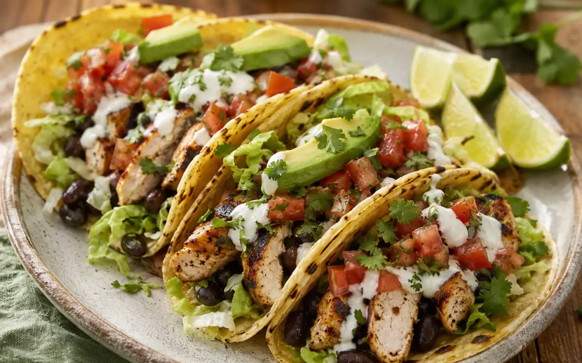 High protein chicken tacos with grilled chicken, black beans, avocado, salsa, Greek yogurt sauce, cilantro, and lime