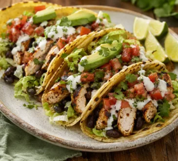 High protein chicken tacos with grilled chicken, black beans, avocado, salsa, Greek yogurt sauce, cilantro, and lime