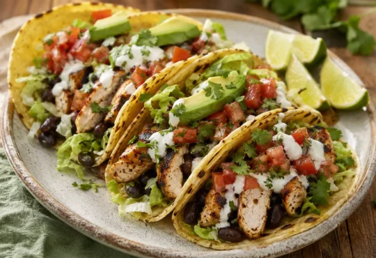 High protein chicken tacos with grilled chicken, black beans, avocado, salsa, Greek yogurt sauce, cilantro, and lime