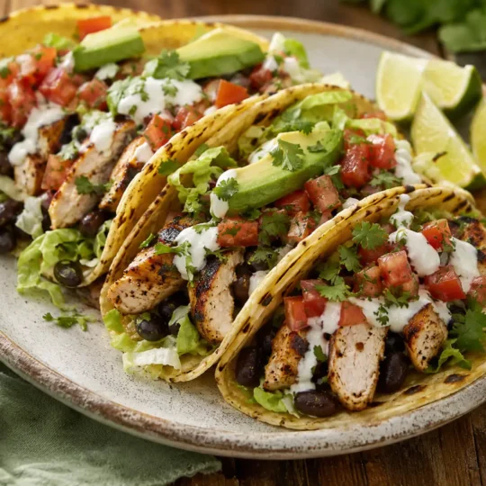 High protein chicken tacos with grilled chicken, black beans, avocado, salsa, Greek yogurt sauce, cilantro, and lime