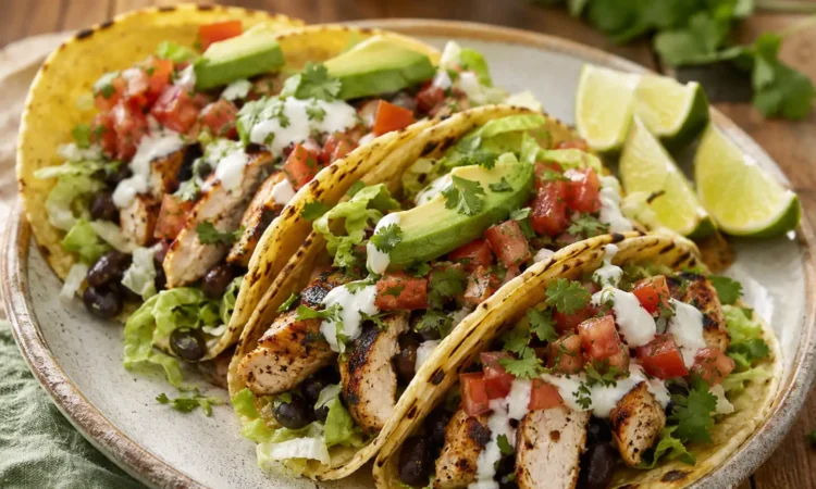 High protein chicken tacos with grilled chicken, black beans, avocado, salsa, Greek yogurt sauce, cilantro, and lime
