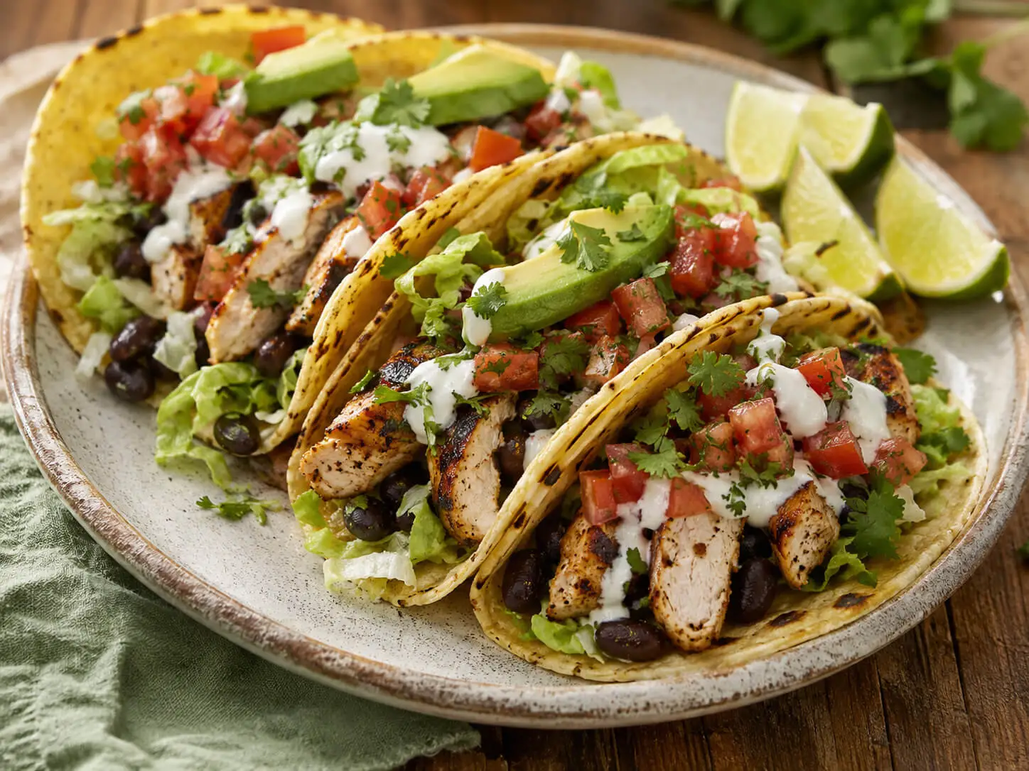 High protein chicken tacos with grilled chicken, black beans, avocado, salsa, Greek yogurt sauce, cilantro, and lime