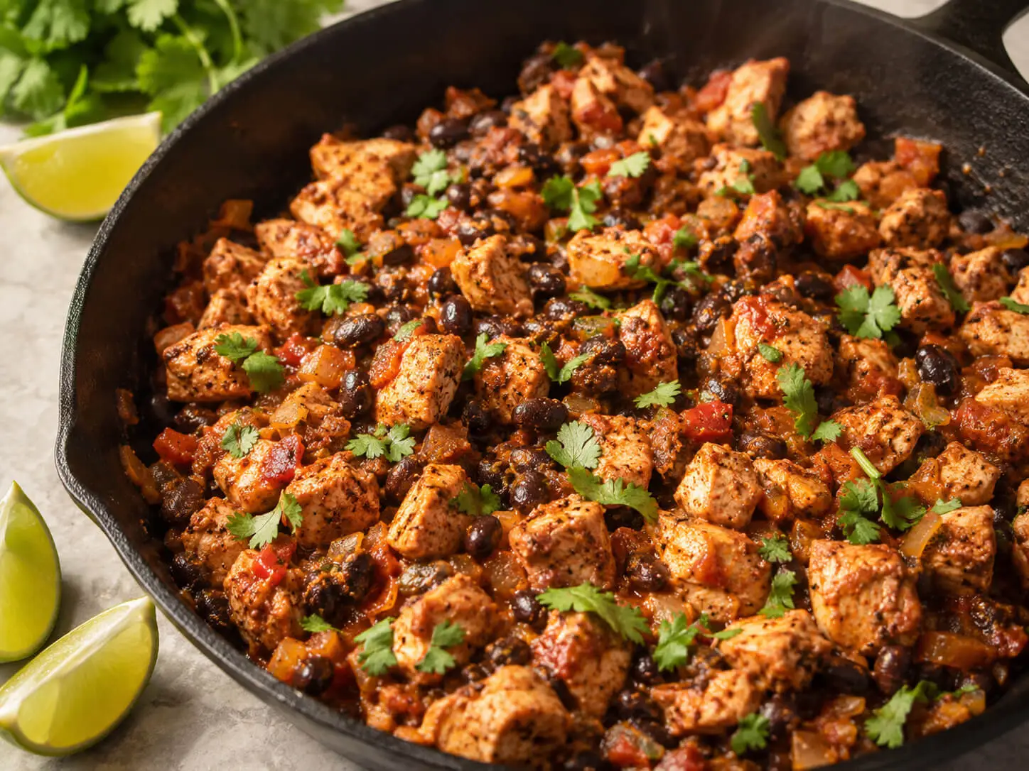 High protein taco filling with seasoned chicken, black beans, and salsa cooking in a skillet