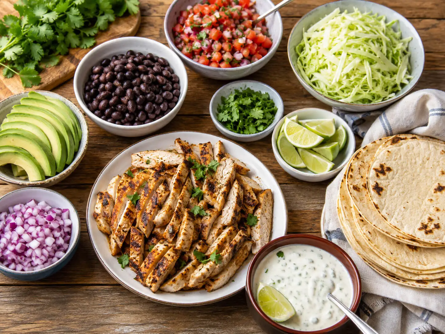 High protein taco night spread with chicken, beans, tortillas, Greek yogurt sauce, salsa, avocado, lettuce, and lime