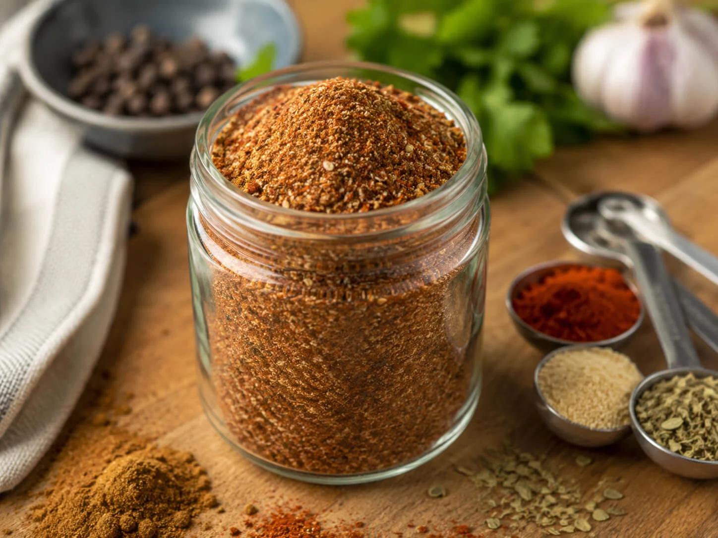 Homemade taco seasoning in a glass jar with measuring spoons, chili powder, cumin, paprika, garlic powder, and oregano