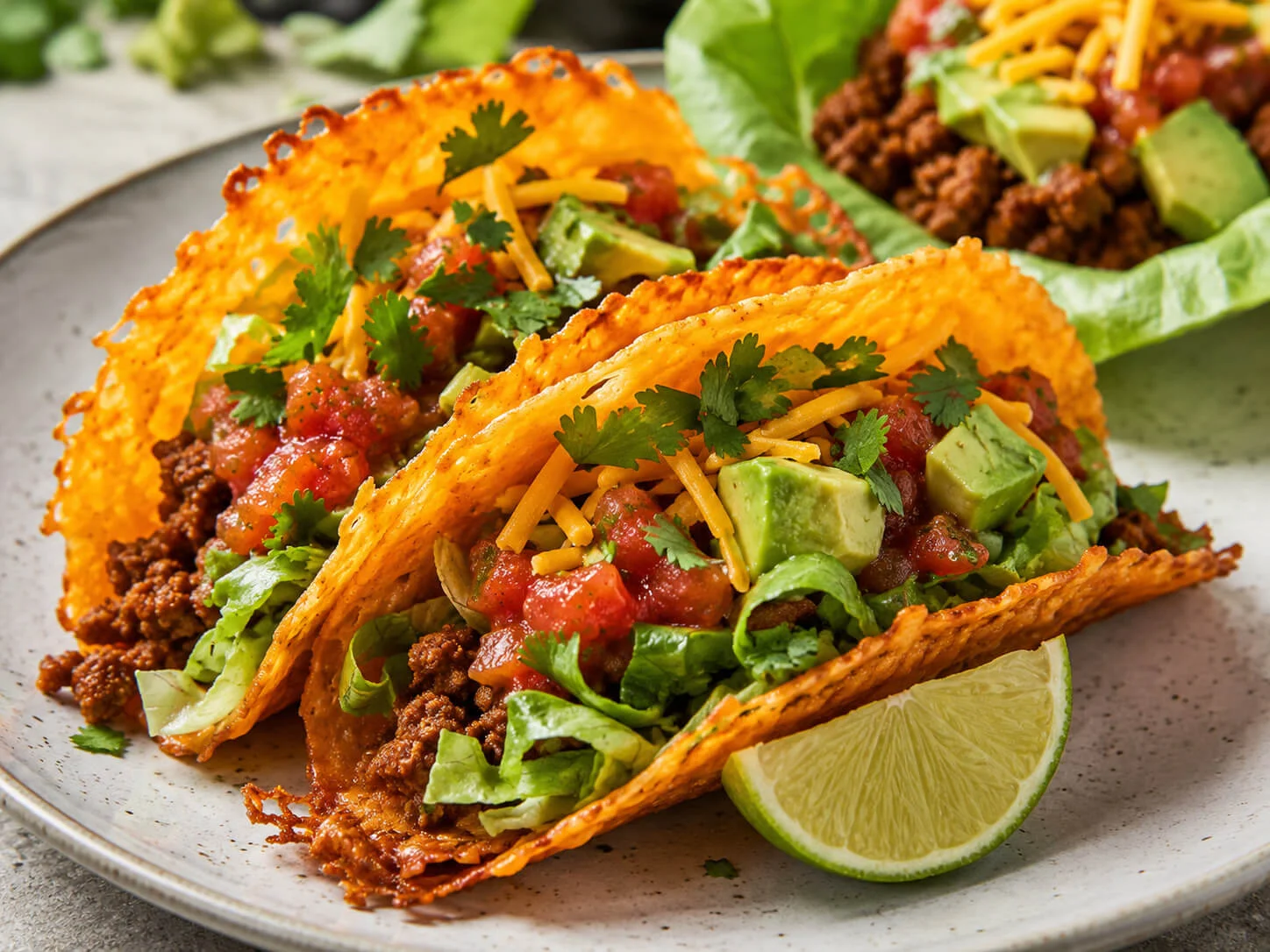 Keto taco shells with seasoned taco meat, lettuce, avocado, salsa, cheese, cilantro, and lime