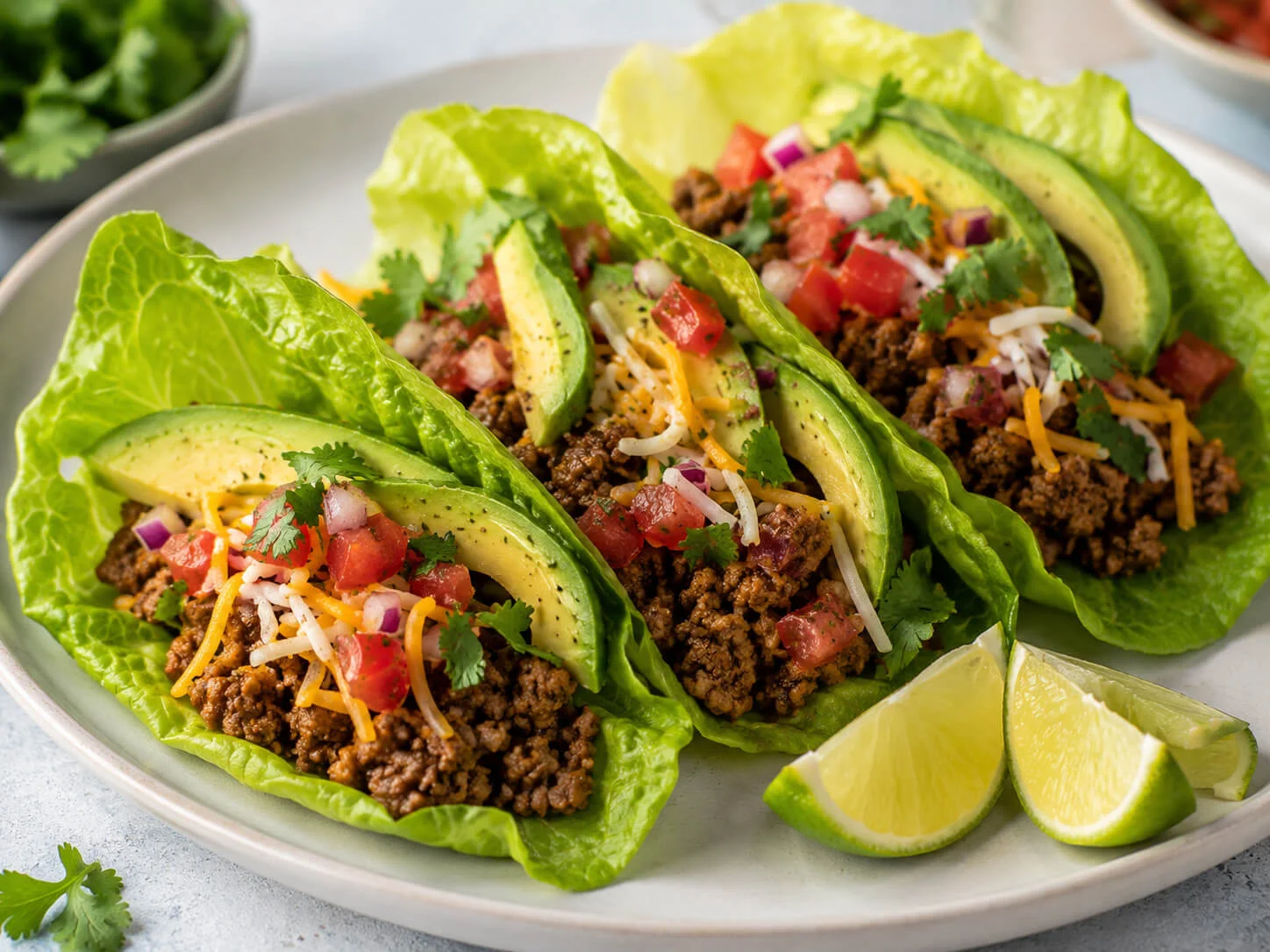 Keto tacos in lettuce wraps with seasoned beef, avocado, salsa, cheese, cilantro, and lime