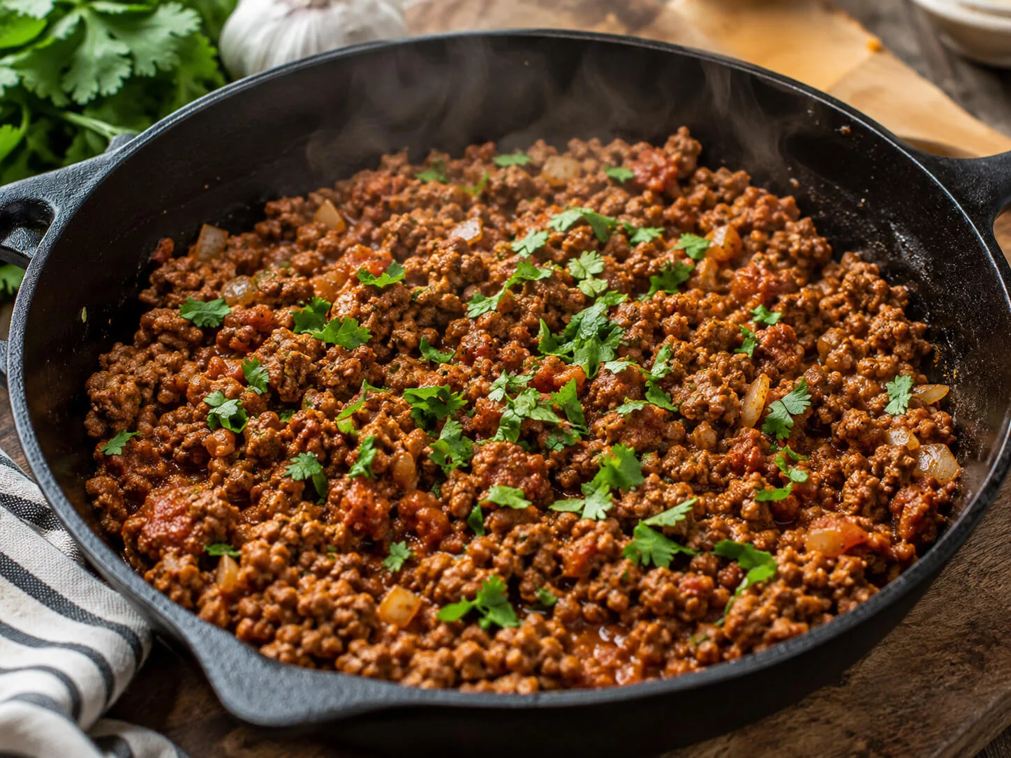 Lean ground beef taco meat cooking in a skillet with spices, salsa, onion, garlic, and cilantro