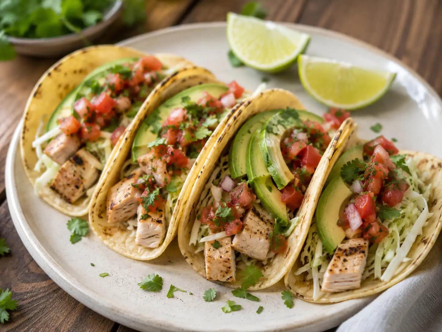 Low calorie chicken tacos with grilled chicken, cabbage, salsa, avocado, cilantro, and lime