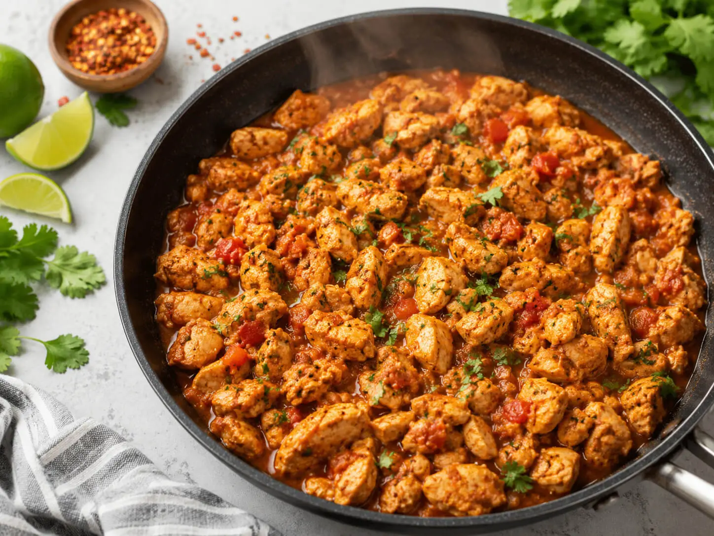 Low calorie taco meat with seasoned chicken and salsa cooking in a skillet