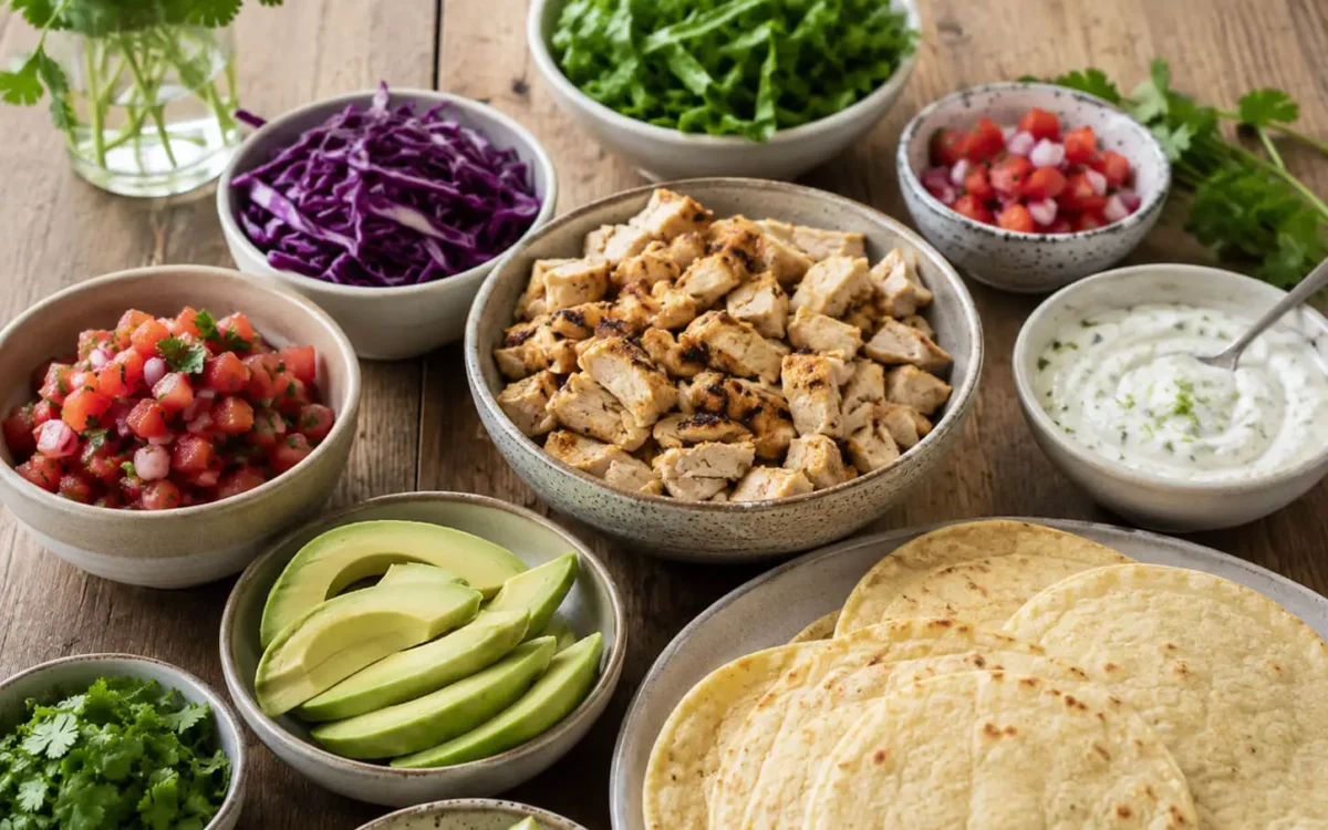 Low calorie chicken tacos with grilled chicken, cabbage, salsa, avocado, cilantro, and lime