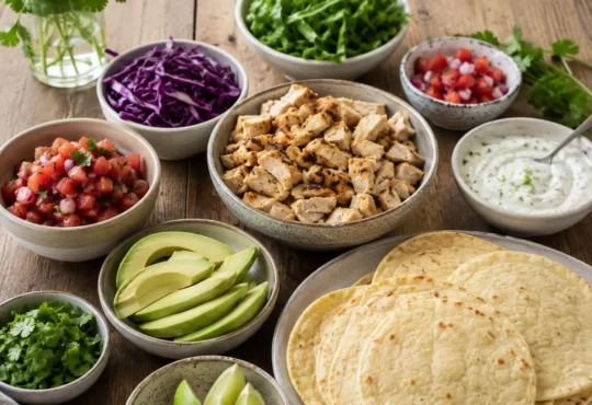 Low calorie chicken tacos with grilled chicken, cabbage, salsa, avocado, cilantro, and lime