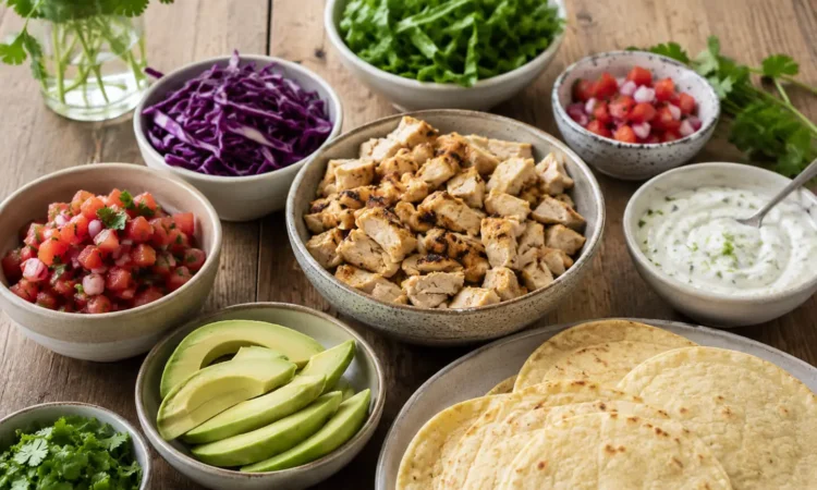 Low calorie chicken tacos with grilled chicken, cabbage, salsa, avocado, cilantro, and lime