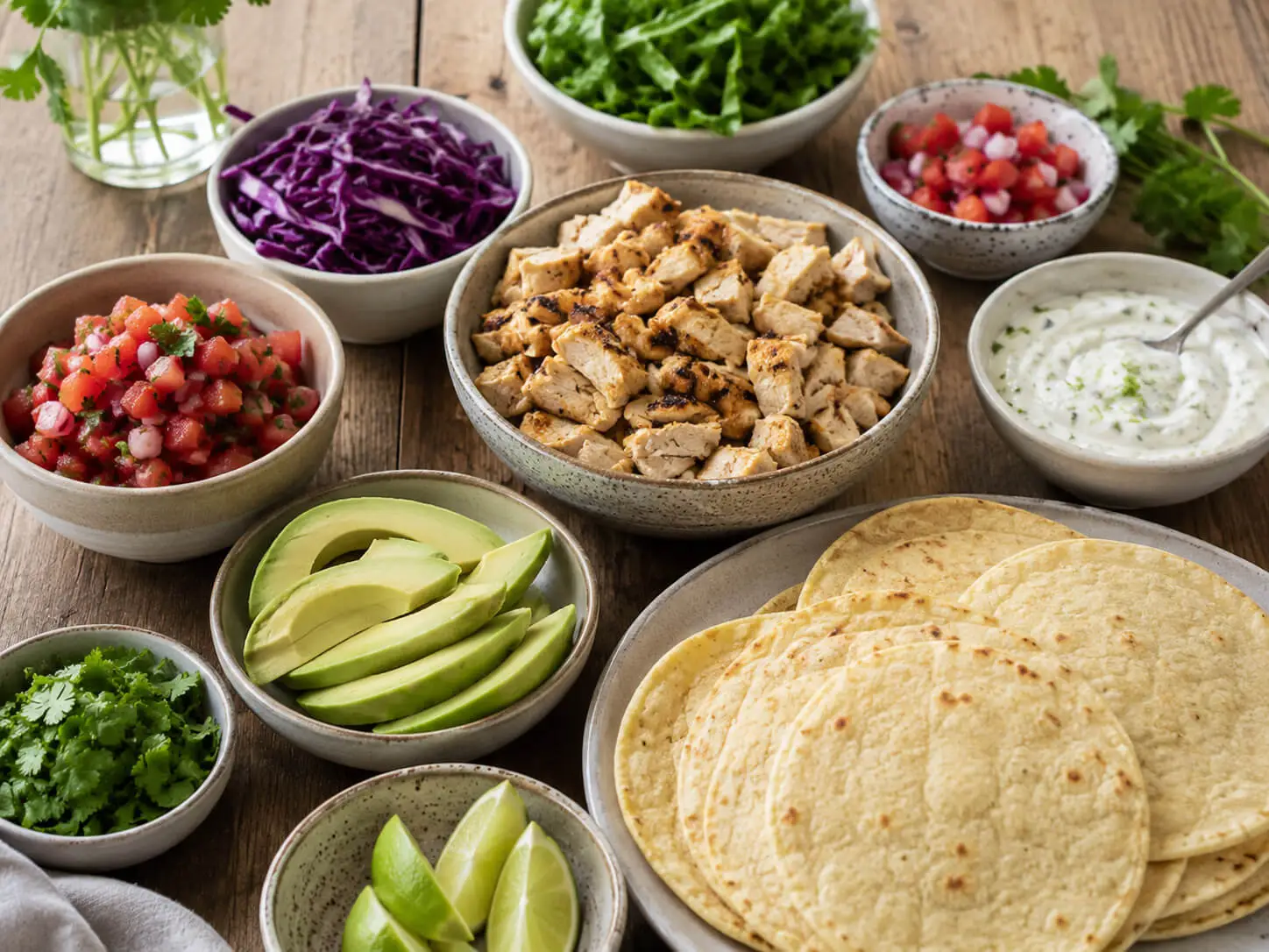 Low calorie taco night spread with chicken, corn tortillas, cabbage, salsa, lime, and fresh toppings