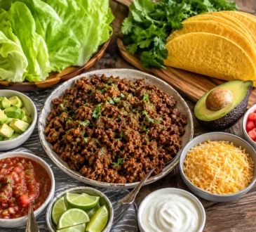 Low carb taco night spread with taco meat, lettuce wraps, cheese shells, avocado, salsa, sour cream, cilantro, and lime