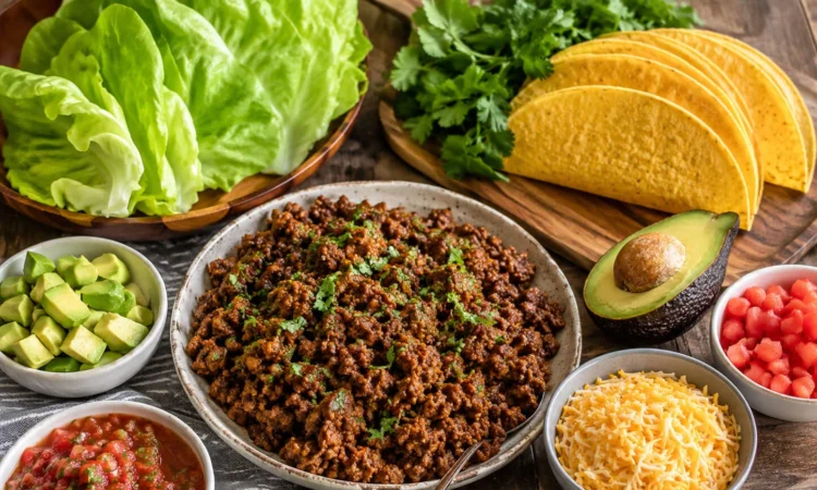 Low carb taco night spread with taco meat, lettuce wraps, cheese shells, avocado, salsa, sour cream, cilantro, and lime