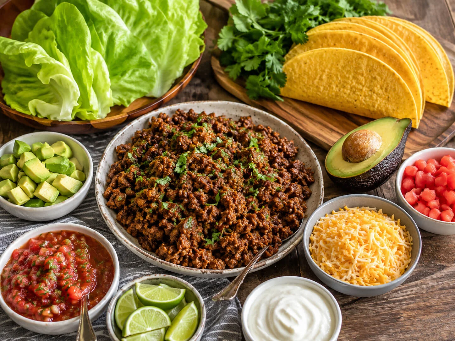 Low carb taco night spread with taco meat, lettuce wraps, cheese shells, avocado, salsa, sour cream, cilantro, and lime