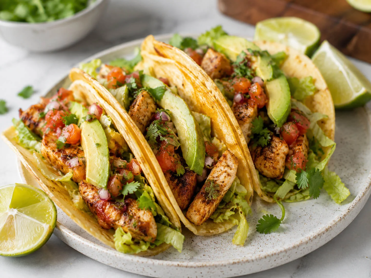 Meal prep tacos with seasoned chicken, avocado, lettuce, salsa, cilantro, lime, and corn tortillas