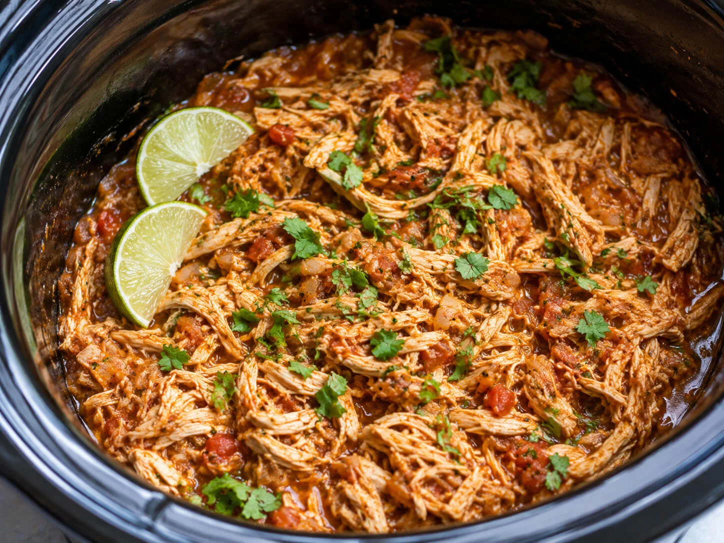 Slow cooker taco meat with shredded chicken, salsa, cilantro, lime, and taco spices