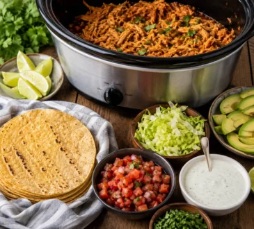 Slow cooker taco night spread with shredded chicken, tortillas, avocado, salsa, lettuce, cilantro, lime, and yogurt sauce