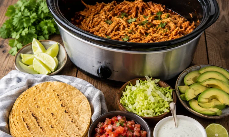 Slow cooker taco night spread with shredded chicken, tortillas, avocado, salsa, lettuce, cilantro, lime, and yogurt sauce