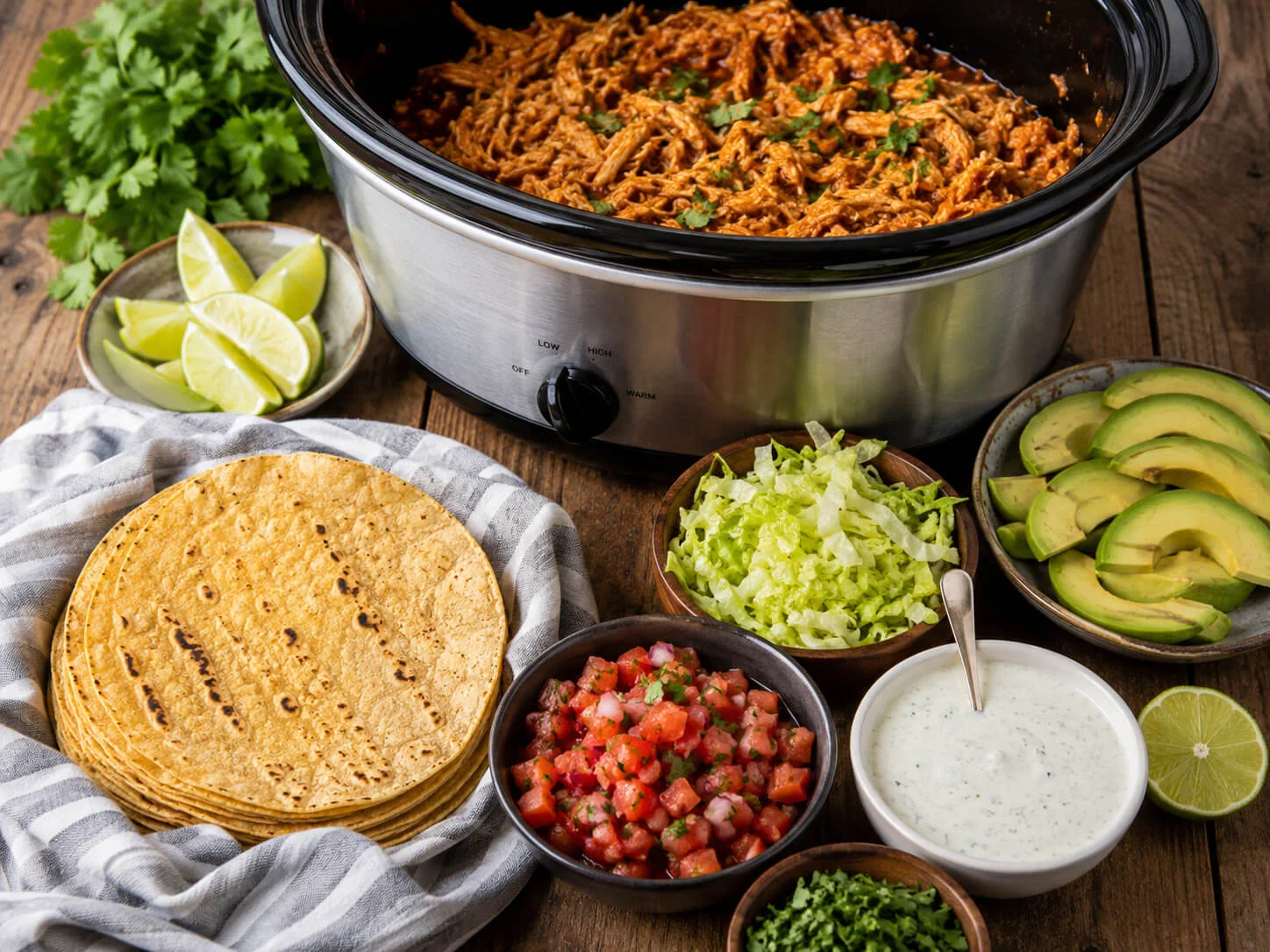Slow cooker taco night spread with shredded chicken, tortillas, avocado, salsa, lettuce, cilantro, lime, and yogurt sauce