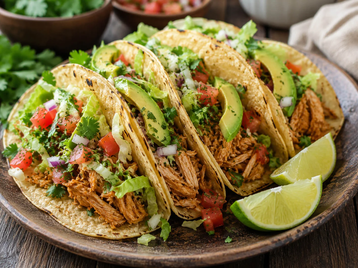 Slow cooker tacos with shredded chicken, salsa, avocado, lettuce, cilantro, lime, and corn tortillas
