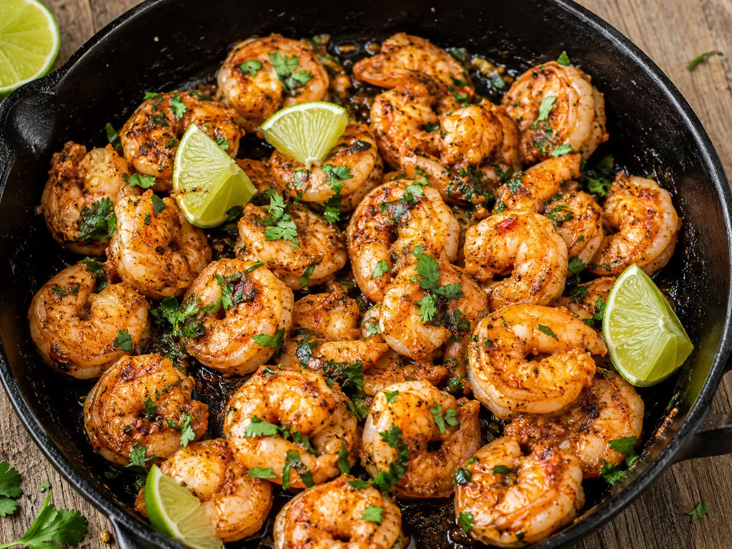 Spicy shrimp taco filling cooking in a skillet with lime, cilantro, and warm taco spices