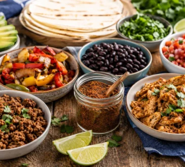 Healthy taco seasoning served with chicken, beef, vegetables, beans, tortillas, salsa, avocado, cilantro, and lime