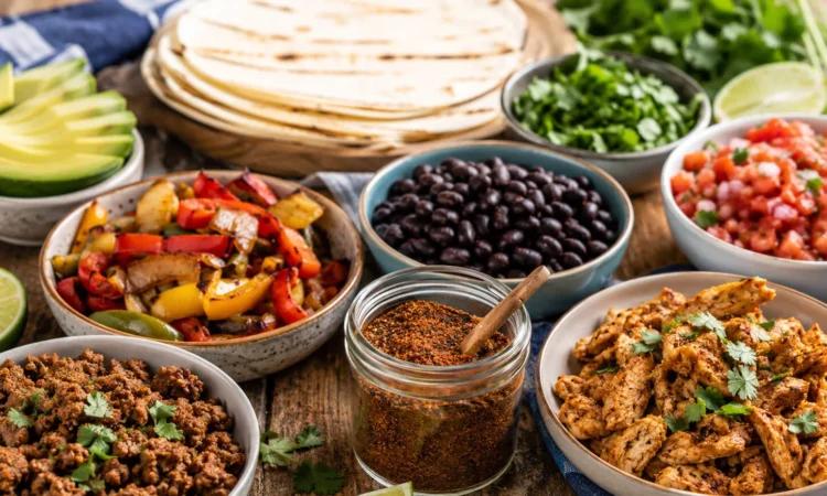 Healthy taco seasoning served with chicken, beef, vegetables, beans, tortillas, salsa, avocado, cilantro, and lime