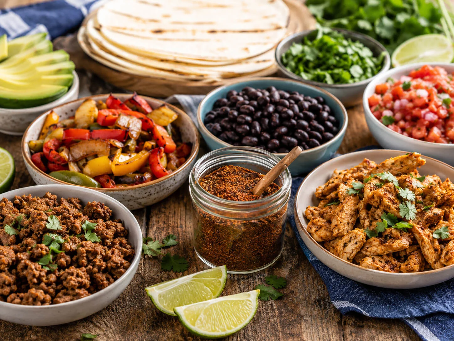 Healthy taco seasoning served with chicken, beef, vegetables, beans, tortillas, salsa, avocado, cilantro, and lime