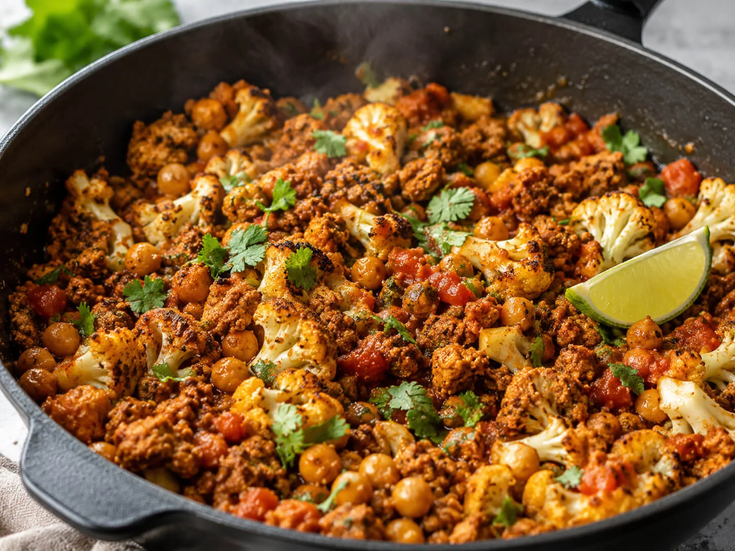 Vegan taco meat with crumbled tofu, chickpeas, cauliflower, salsa, cilantro, and lime in a skillet