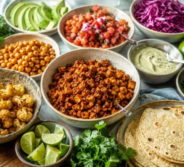 Vegan taco night spread with tofu taco meat, cauliflower, chickpeas, tortillas, avocado, salsa, cabbage, cilantro, lime, and dairy-free sauce