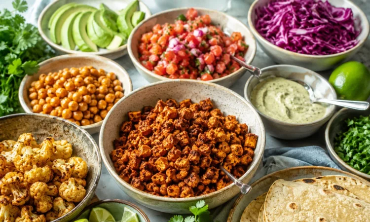 Vegan taco night spread with tofu taco meat, cauliflower, chickpeas, tortillas, avocado, salsa, cabbage, cilantro, lime, and dairy-free sauce