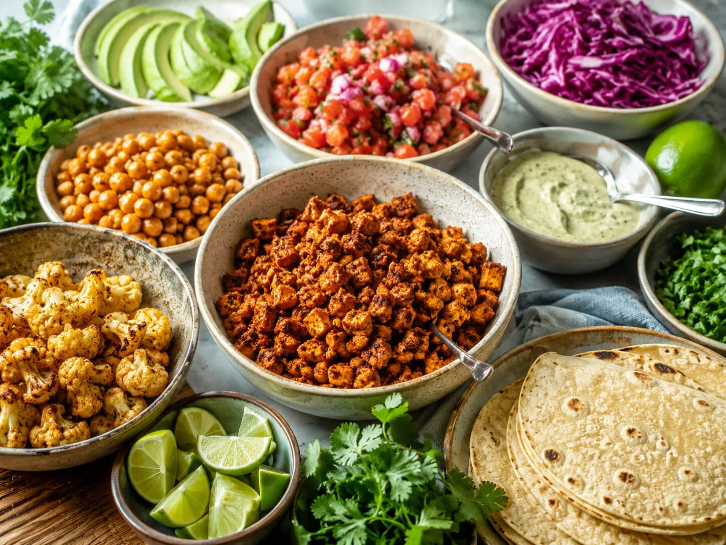 Vegan taco night spread with tofu taco meat, cauliflower, chickpeas, tortillas, avocado, salsa, cabbage, cilantro, lime, and dairy-free sauce
