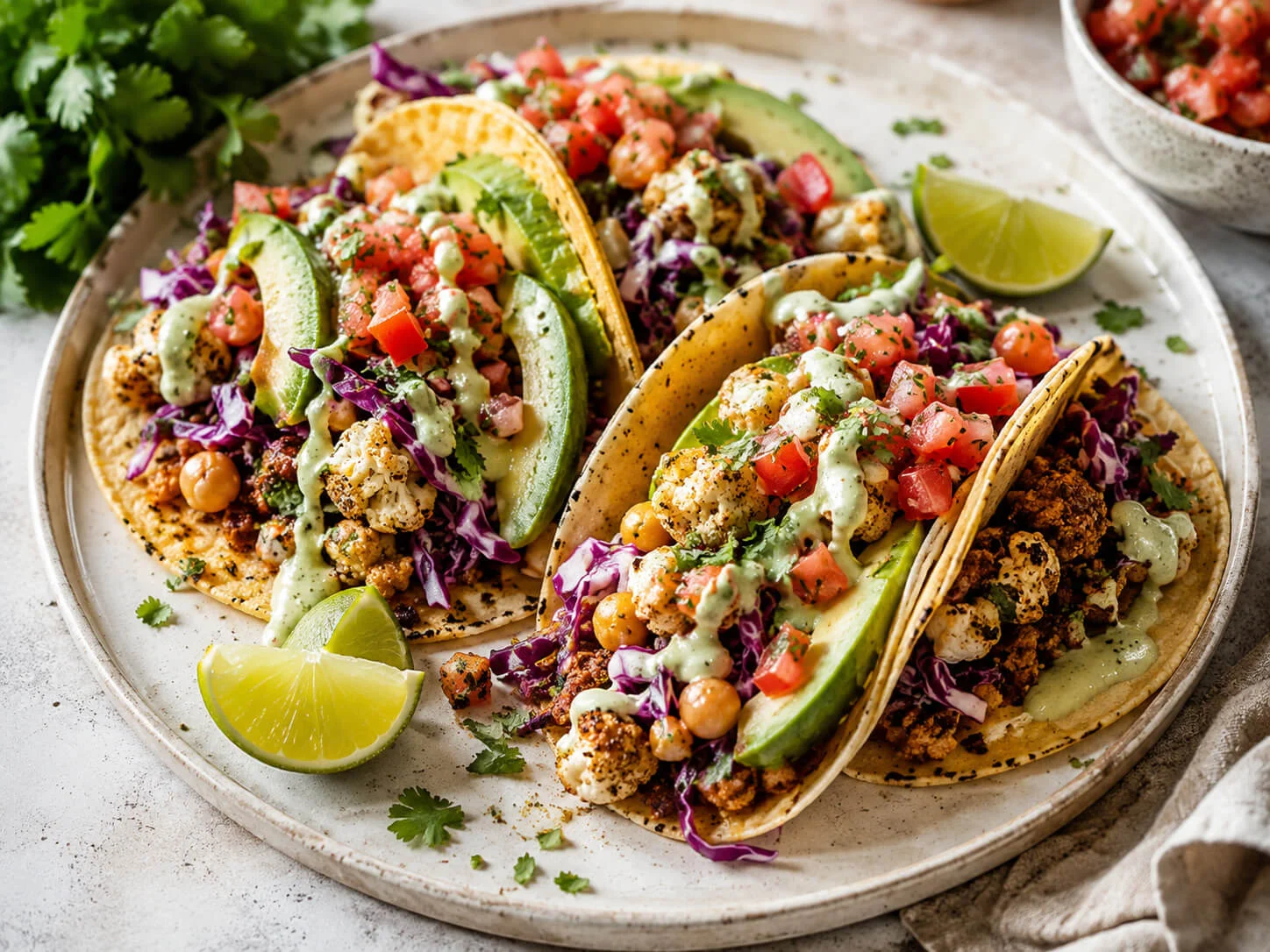 Vegan tacos with tofu taco meat, roasted cauliflower, chickpeas, avocado, cabbage slaw, salsa, cilantro, and lime