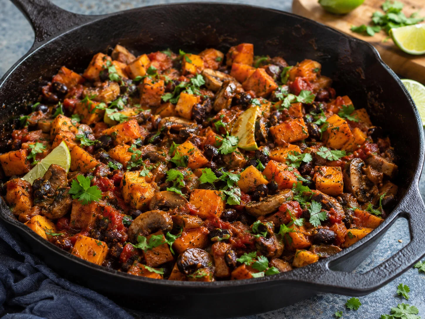 Vegetarian taco filling with black beans, mushrooms, roasted sweet potatoes, salsa, cilantro, and lime