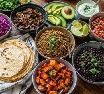 Vegetarian taco night spread with black beans, sweet potatoes, mushrooms, lentils, tortillas, avocado, salsa, cabbage, cilantro, and lime